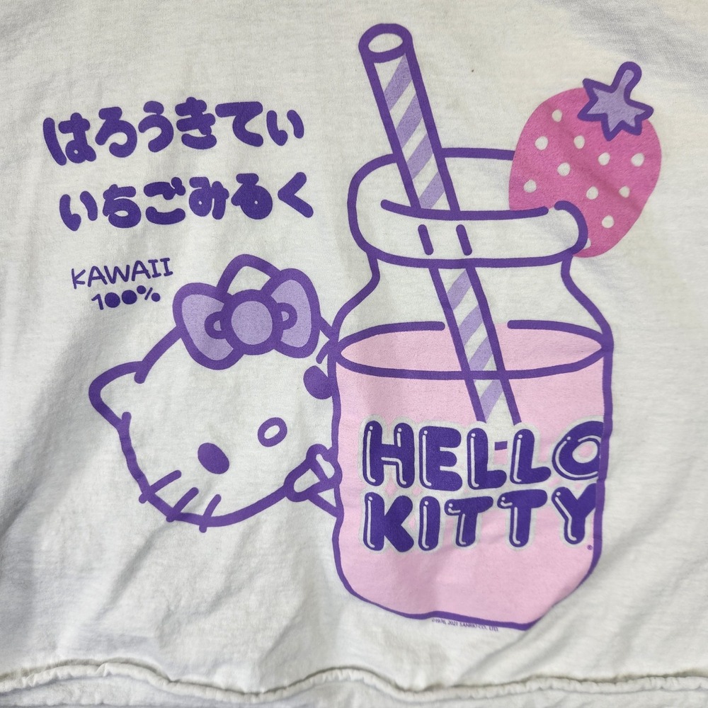 Hello Kitty Kawaii Strawberry Milk Crop Top White Pink Graphic Tee L - Picture 2 of 7